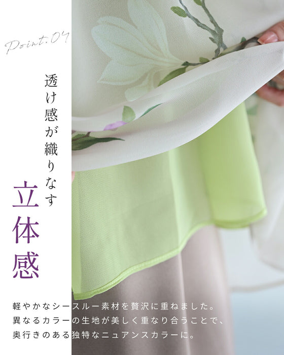ふんわりリボンネックのアジアンな花画ブラウストップス
