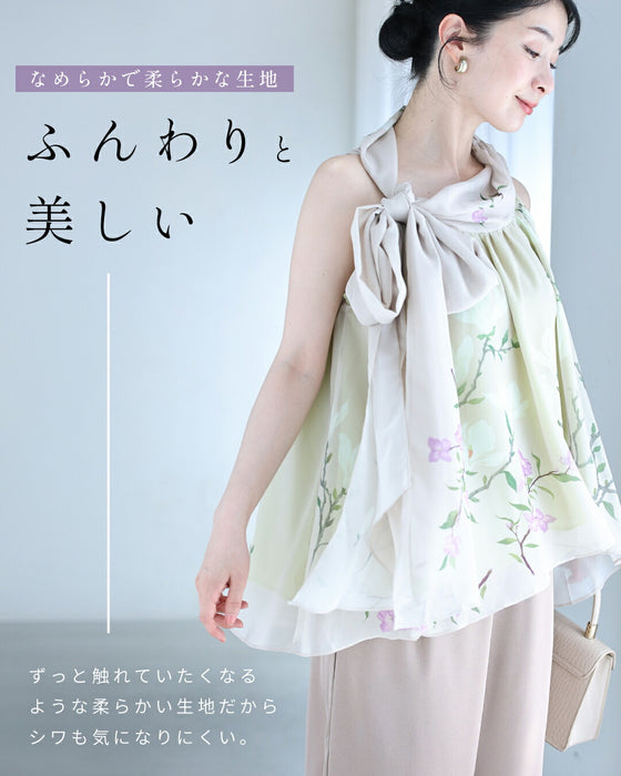 ふんわりリボンネックのアジアンな花画ブラウストップス