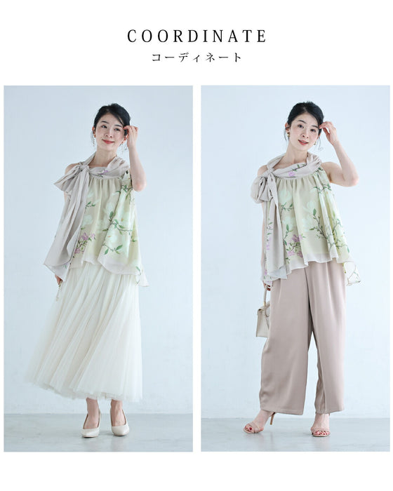 ふんわりリボンネックのアジアンな花画ブラウストップス