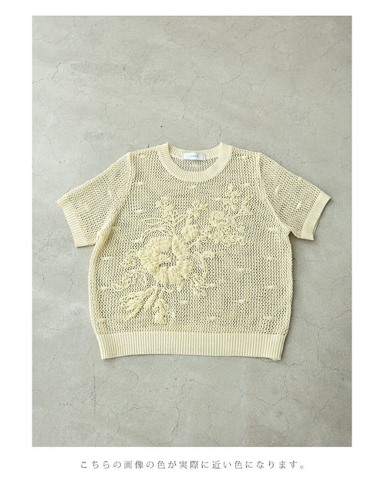 モールの花刺繍浮かぶメッシュカットソートップス