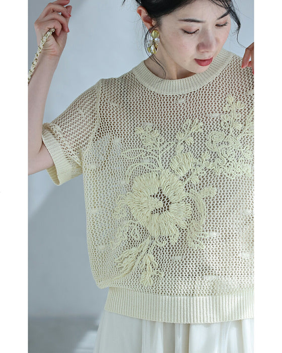 モールの花刺繍浮かぶメッシュカットソートップス