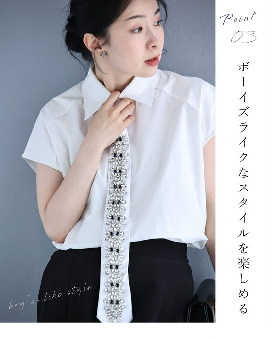 ビジューネクタイ輝くちょい袖シャツトップス（ネクタイ付き）