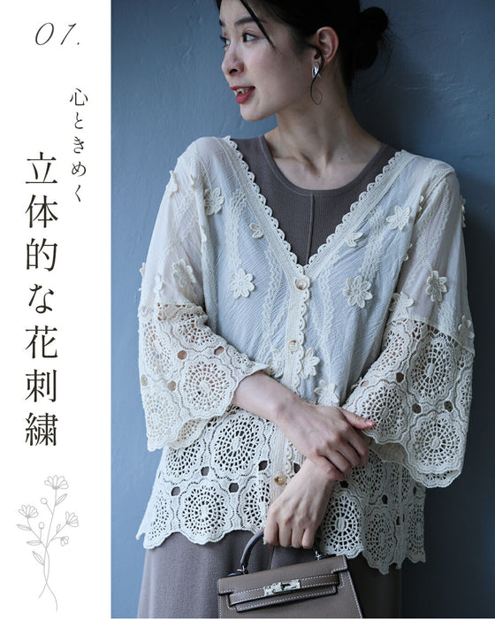 花浮かぶクロシェ裾カーディガン