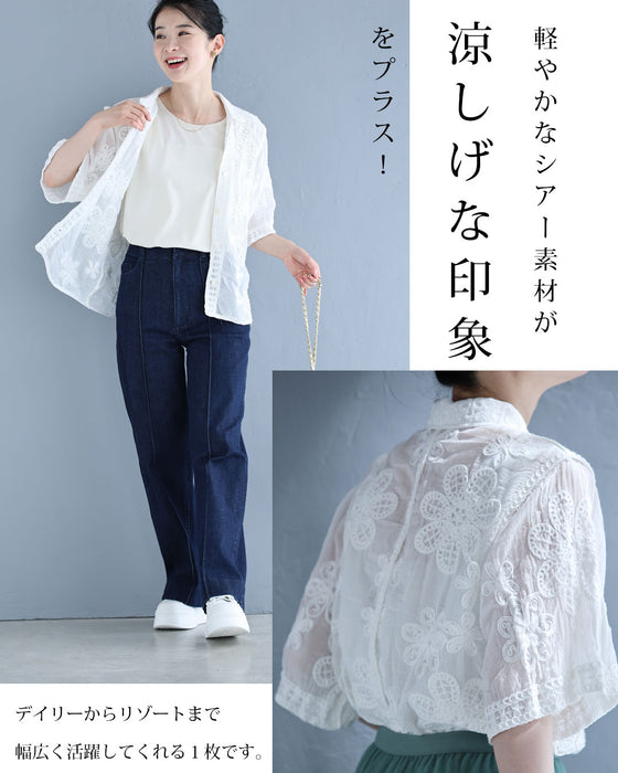 キラキラビーズの花刺繍シャツトップス