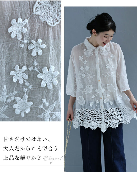 ぐるり囲むクロシェ裾のふんわり立体花シャツトップス