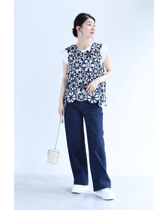 花柄浮きたつクロシェ編みベストトップス