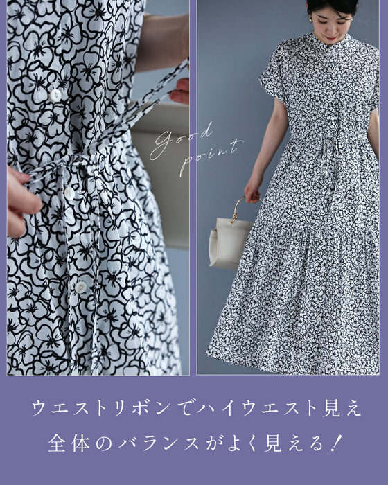 細やかなフラワーパターンシャツロングワンピース