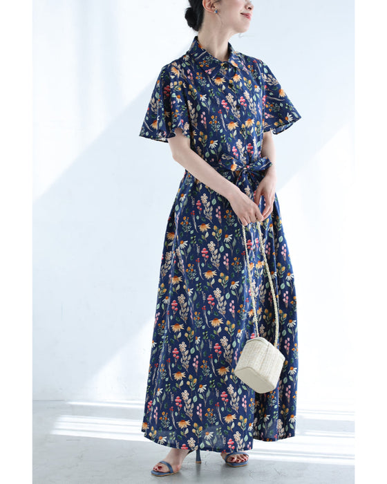 彩り豊かな花のフレア袖シャツロングワンピース（ベルト付き）