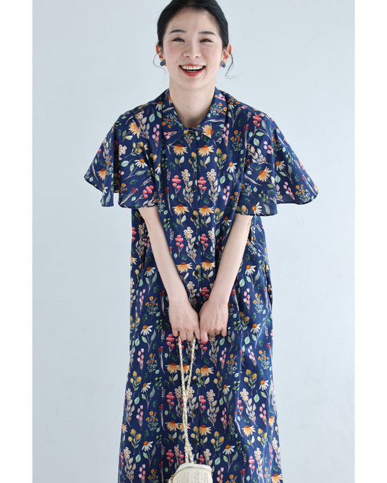 彩り豊かな花のフレア袖シャツロングワンピース（ベルト付き）