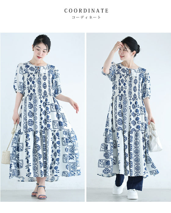 胸元シャーリングの刺繍風プリントロングワンピース