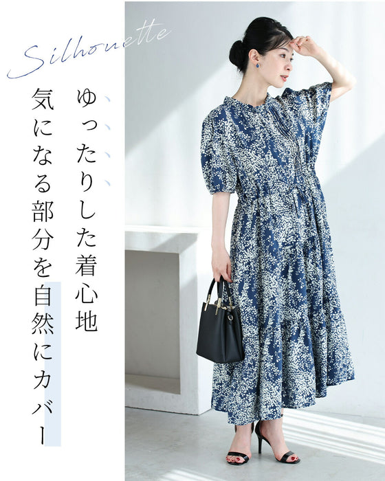 涼やかな小花シルエットのティアードミディアムワンピース