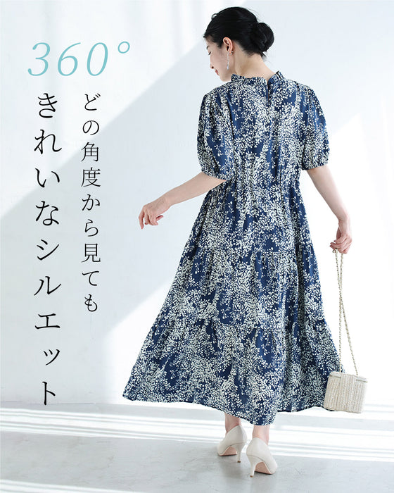涼やかな小花シルエットのティアードミディアムワンピース