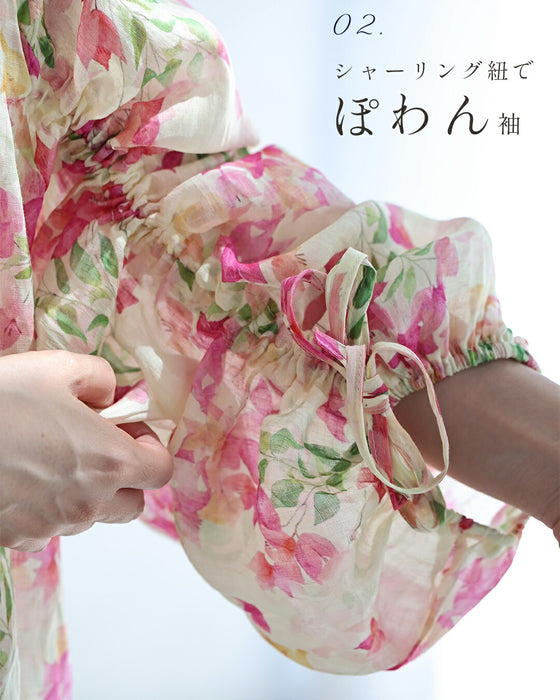 愛らしいピンクの花咲くシャーリング袖ブラウストップス