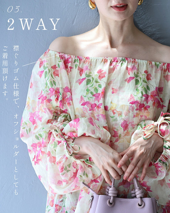 愛らしいピンクの花咲くシャーリング袖ブラウストップス