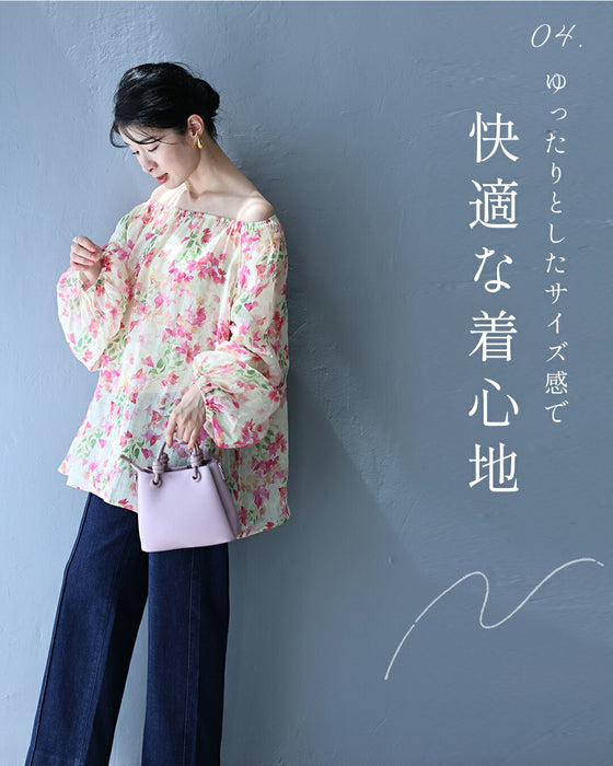 愛らしいピンクの花咲くシャーリング袖ブラウストップス