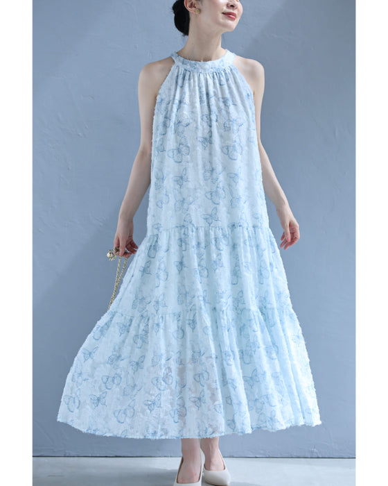 青い蝶舞うふわふわシャギーロングワンピース