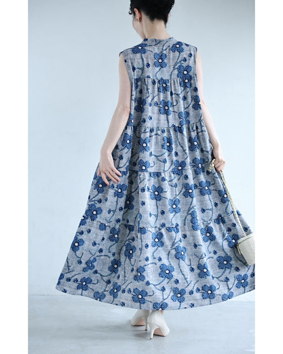 モチーフ浮かぶ立体花風プリントロングワンピース（紐ベルト付き）