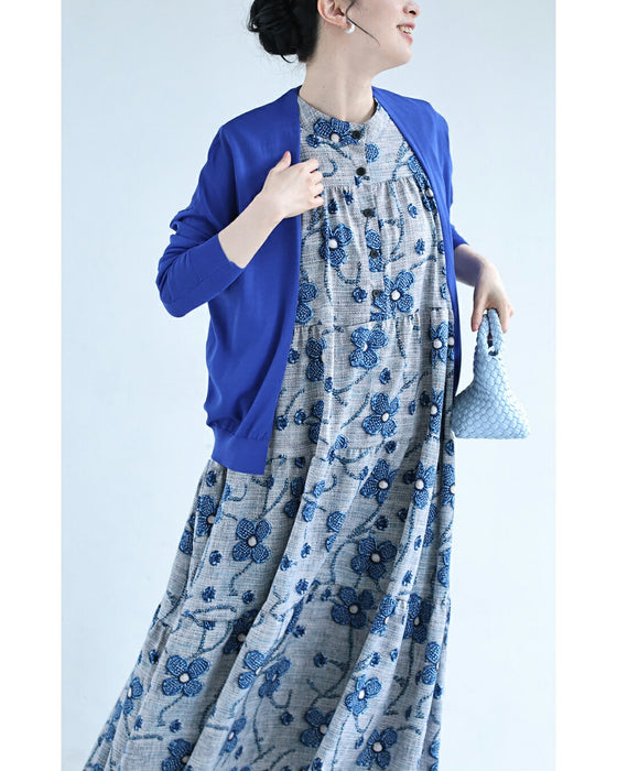 モチーフ浮かぶ立体花風プリントロングワンピース（紐ベルト付き）