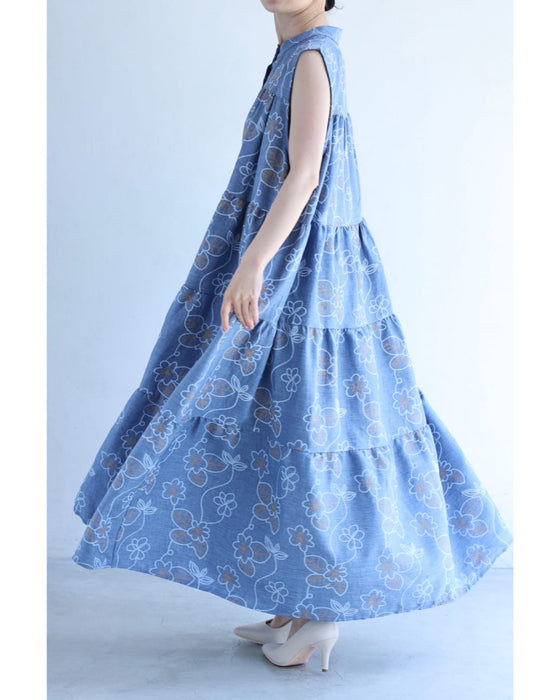 【予約商品】可愛いさ揺れる花刺繍風プリントロングワンピース（ベルト付き）