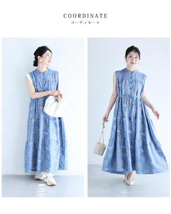 【予約商品】可愛いさ揺れる花刺繍風プリントロングワンピース（ベルト付き）