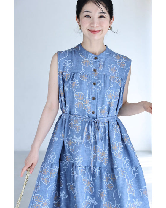 【予約商品】可愛いさ揺れる花刺繍風プリントロングワンピース（ベルト付き）