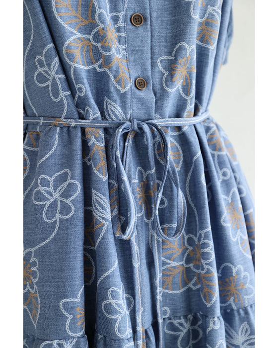 【予約商品】可愛いさ揺れる花刺繍風プリントロングワンピース（ベルト付き）