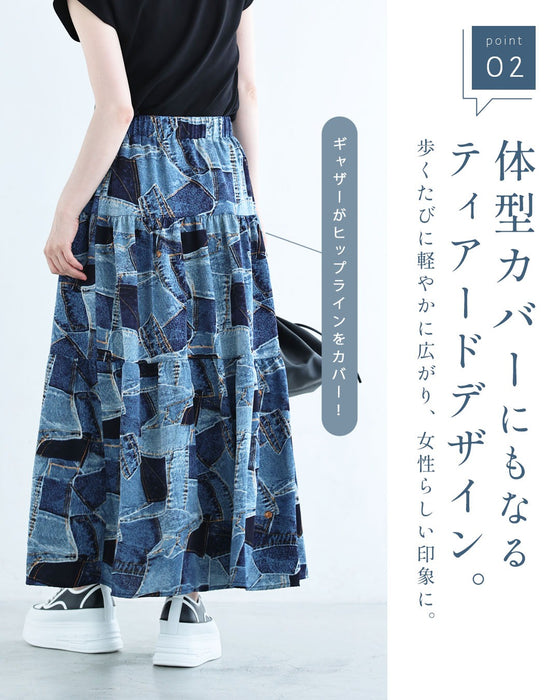 涼やかなデニムパッチワーク風プリントロングスカート