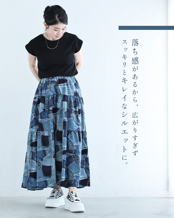 涼やかなデニムパッチワーク風プリントロングスカート