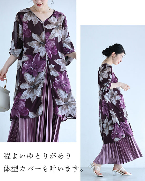 フロントスリットの優美な花柄シフォンチュニック