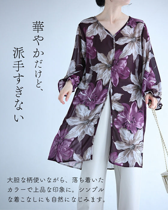 フロントスリットの優美な花柄シフォンチュニック