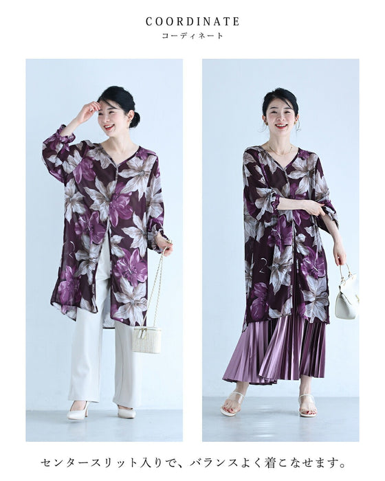 フロントスリットの優美な花柄シフォンチュニック