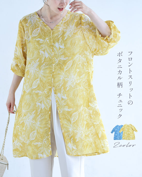 フロントスリットのボタニカル柄シフォンチュニック