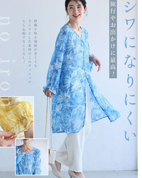 フロントスリットのボタニカル柄シフォンチュニック