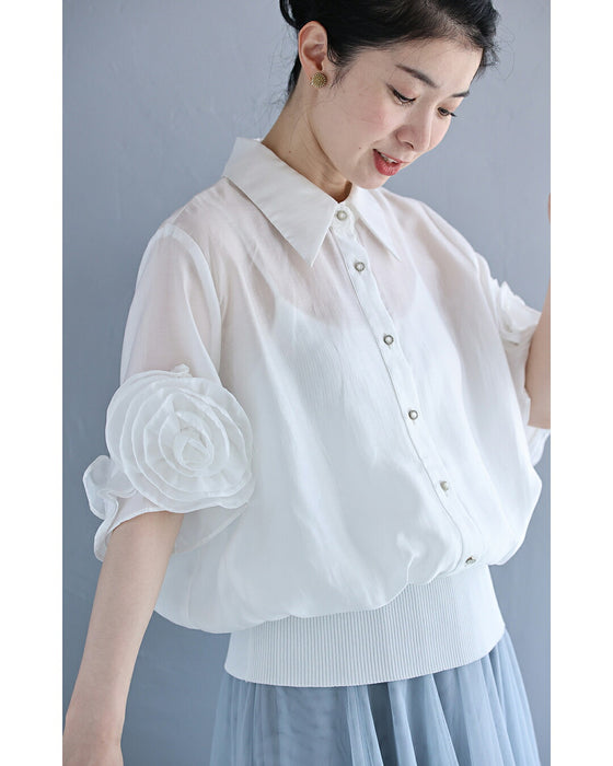 バルーン裾の薔薇袖シアーブラウストップス