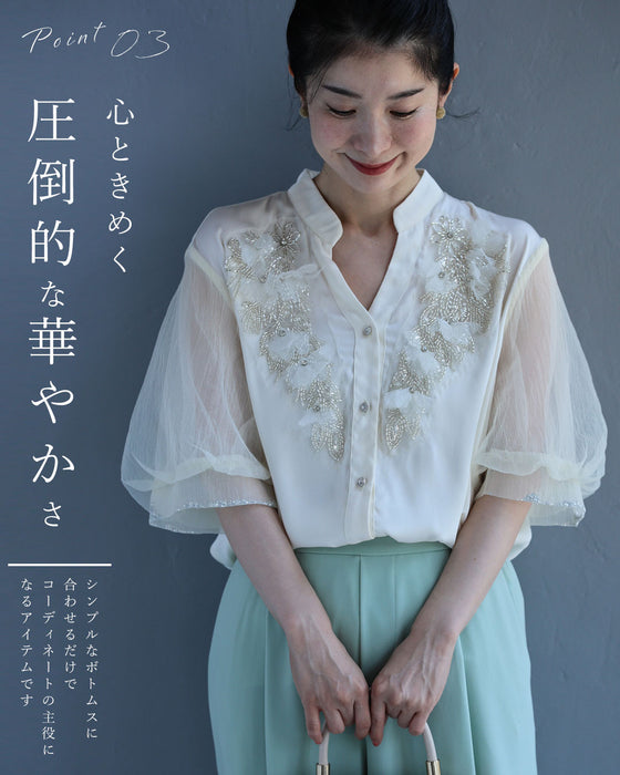 煌めく贅沢ビーズ装飾ブラウストップス