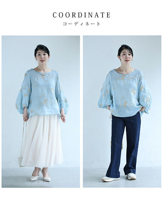 青空舞う蝶々刺繍エアリーブラウストップス