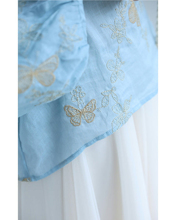 青空舞う蝶々刺繍エアリーブラウストップス