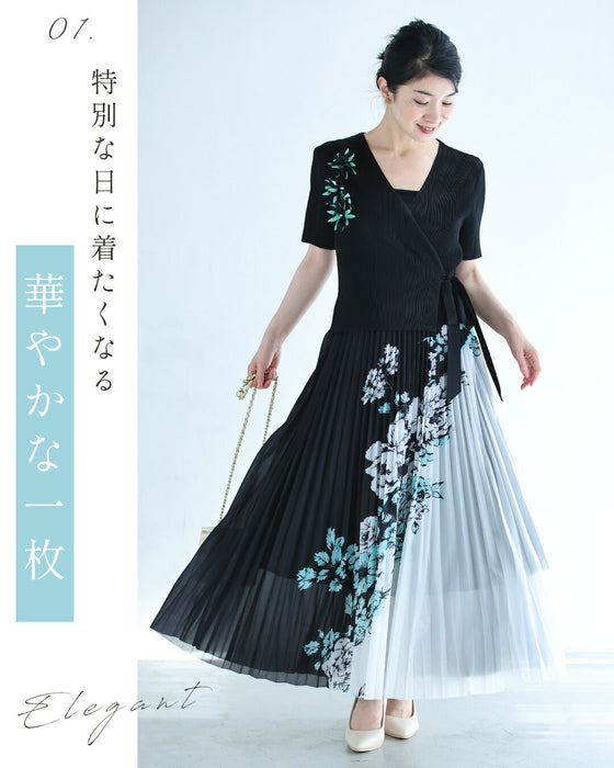 胸元飾る花コサージュのドッキングプリーツロングワンピース