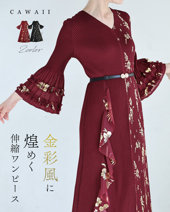 金彩風ボタニカルの和モダンプリーツロングワンピース（ベルト付き）