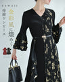 金彩風ボタニカルの和モダンプリーツロングワンピース（ベルト付き）