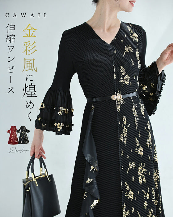 金彩風ボタニカルの和モダンプリーツロングワンピース（ベルト付き）