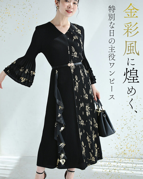 金彩風ボタニカルの和モダンプリーツロングワンピース（ベルト付き）