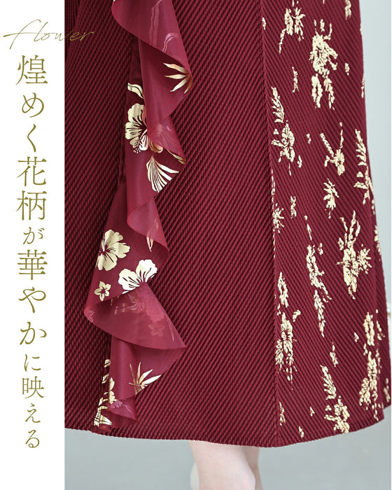金彩風ボタニカルの和モダンプリーツロングワンピース（ベルト付き）