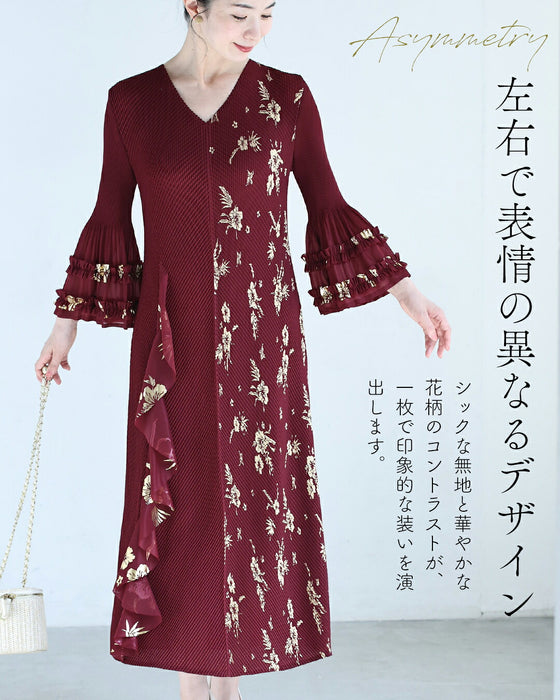 金彩風ボタニカルの和モダンプリーツロングワンピース（ベルト付き）