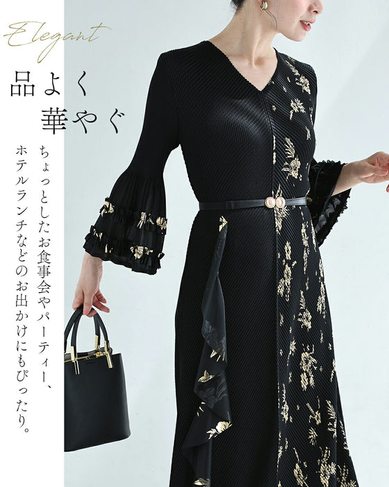 金彩風ボタニカルの和モダンプリーツロングワンピース（ベルト付き）