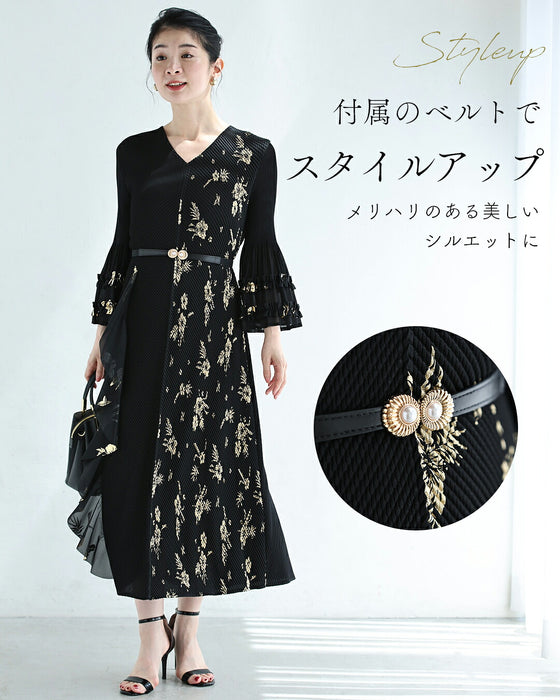 金彩風ボタニカルの和モダンプリーツロングワンピース（ベルト付き）