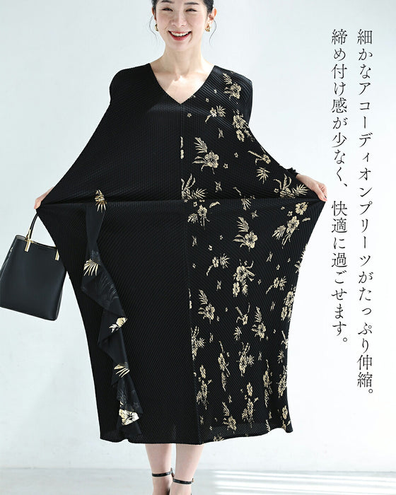 金彩風ボタニカルの和モダンプリーツロングワンピース（ベルト付き）