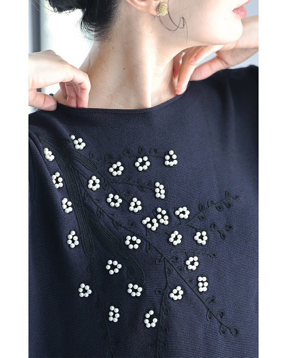 パールの花咲く刺繍ニット
