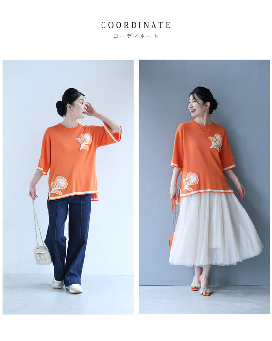 アップリケ風花刺繍のニットカットソートップス