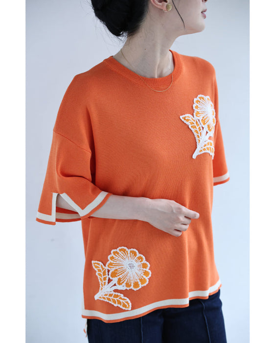 アップリケ風花刺繍のニットカットソートップス